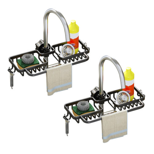 2x Black Kitchen Sink Organiser Faucet Soap Sponge Caddy Rack Drainer with Towel Bar Holder