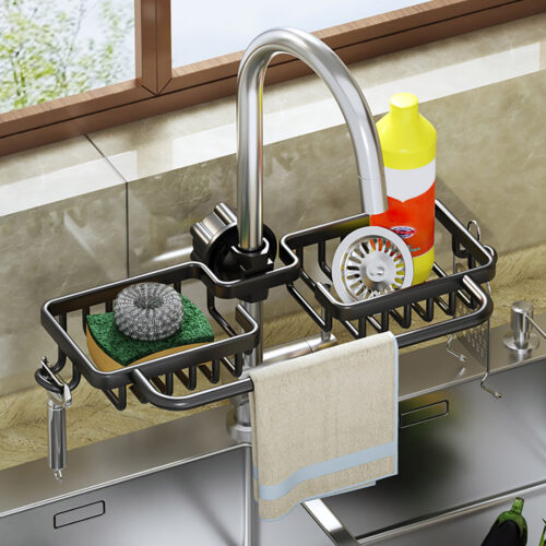 2x Black Kitchen Sink Organiser Faucet Soap Sponge Caddy Rack Drainer with Towel Bar Holder - Image 3