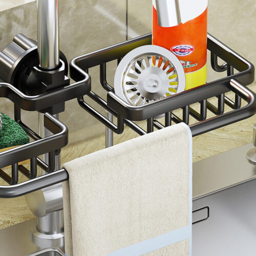 2x Black Kitchen Sink Organiser Faucet Soap Sponge Caddy Rack Drainer with Towel Bar Holder - Image 7