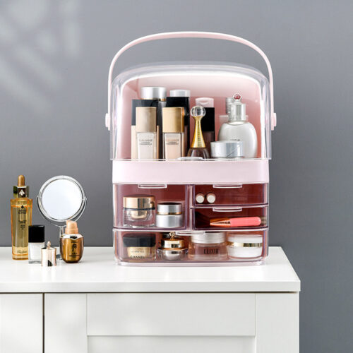 3 Tier Pink Countertop Makeup Cosmetic Storage Organiser Holder Jewelry Storage Box with Handle - Image 3