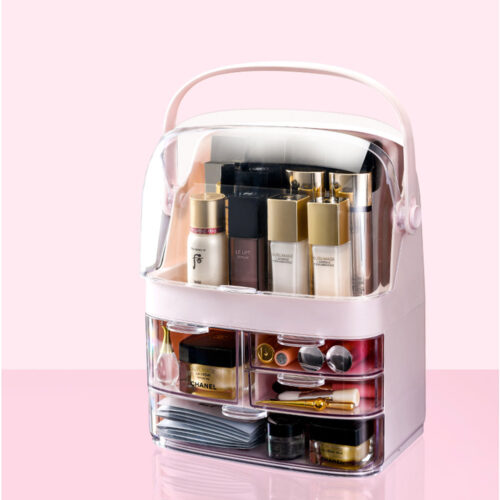 3 Tier Pink Countertop Makeup Cosmetic Storage Organiser Holder Jewelry Storage Box with Handle - Image 4
