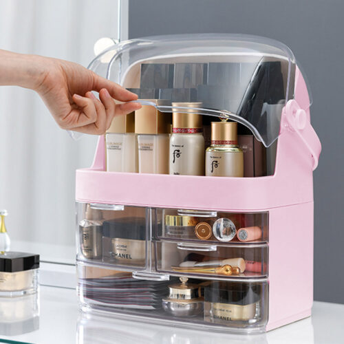 3 Tier Pink Countertop Makeup Cosmetic Storage Organiser Holder Jewelry Storage Box with Handle - Image 5
