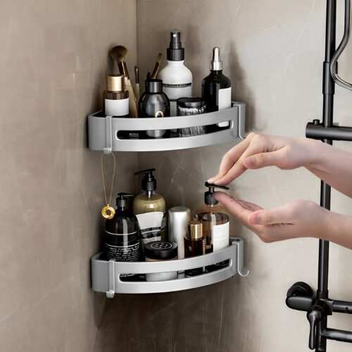 2x Silver Wall-Mounted Bathroom Storage Corner Vanity Organiser Shelf Rack with Hooks - Image 5
