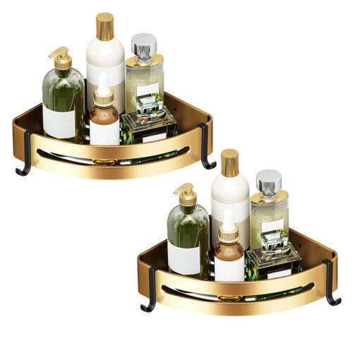 2x Gold Wall-Mounted Bathroom Storage Corner Vanity Organiser Shelf Rack with Hooks - Image 2