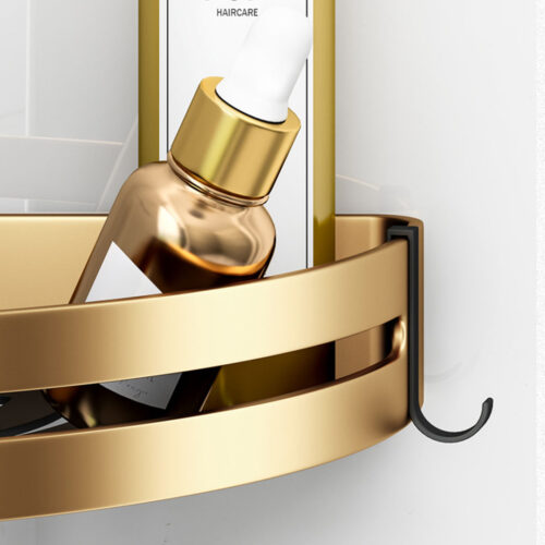 2x Gold Wall-Mounted Bathroom Storage Corner Vanity Organiser Shelf Rack with Hooks - Image 8