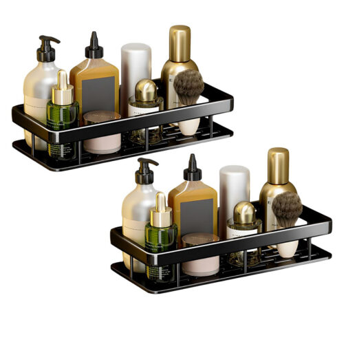 2x Black Wall-Mounted Bathroom Storage Organiser Shelf Rack