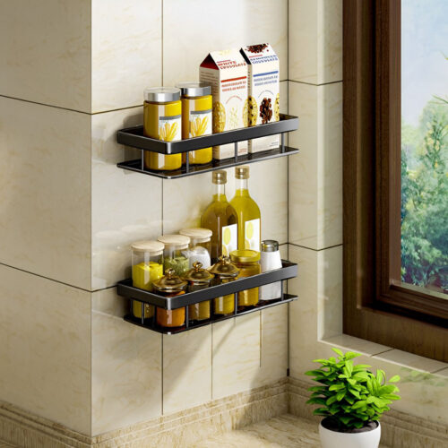 2x Black Wall-Mounted Bathroom Storage Organiser Shelf Rack - Image 3