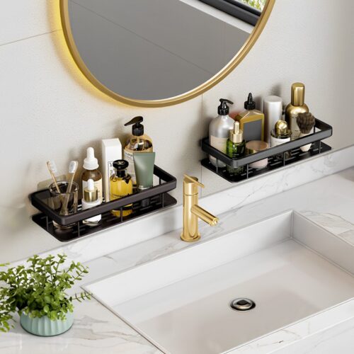 2x Black Wall-Mounted Bathroom Storage Organiser Shelf Rack - Image 4