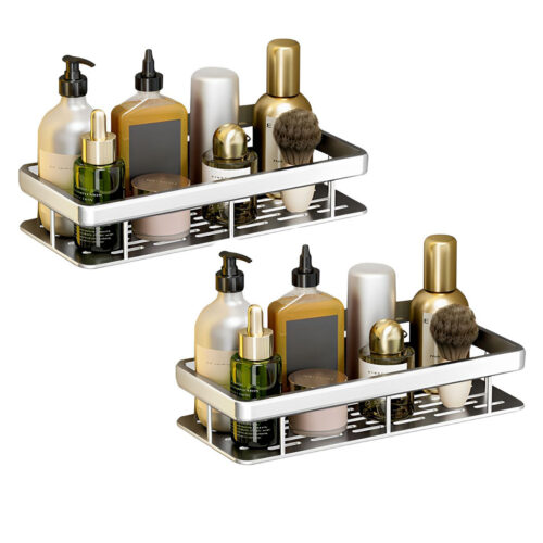 2x Silver Wall-Mounted Bathroom Storage Organiser Shelf Rack