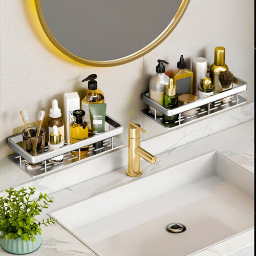 2x Silver Wall-Mounted Bathroom Storage Organiser Shelf Rack - Image 3
