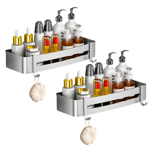2x Silver Wall-Mounted Bathroom Storage Organiser Shelf Rack with Hooks