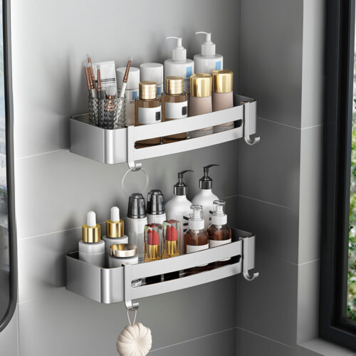 2x Silver Wall-Mounted Bathroom Storage Organiser Shelf Rack with Hooks - Image 3