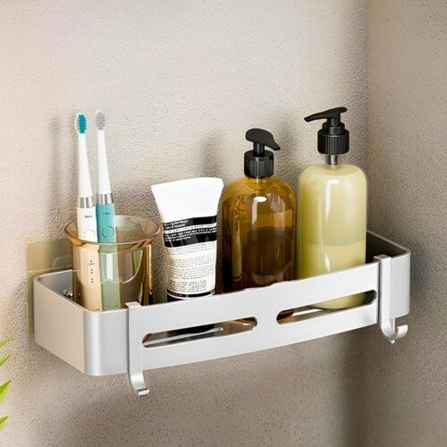 2x Silver Wall-Mounted Bathroom Storage Organiser Shelf Rack with Hooks - Image 4