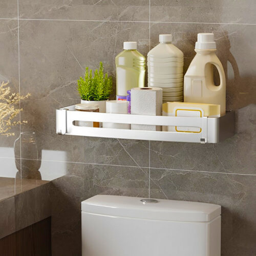 2x Silver Wall-Mounted Bathroom Storage Organiser Shelf Rack with Hooks - Image 5