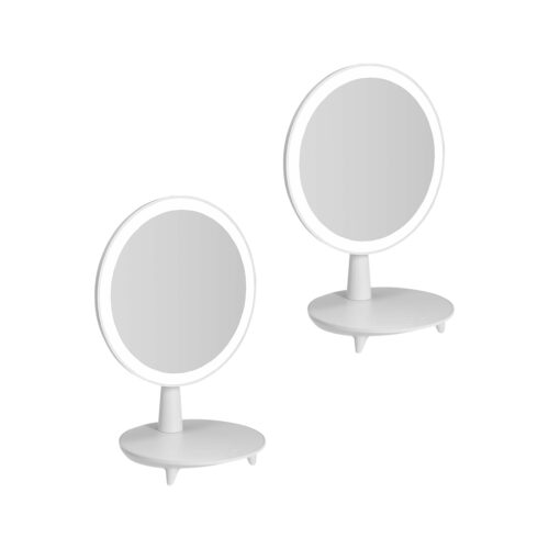 2x Round White Rechargeable LED Light Makeup Mirror Tabletop Vanity Decor