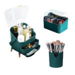 Green Cosmetic Jewelry Storage Organiser Set Makeup Brush Lipstick Holder Jewelry Storage Box with Handle