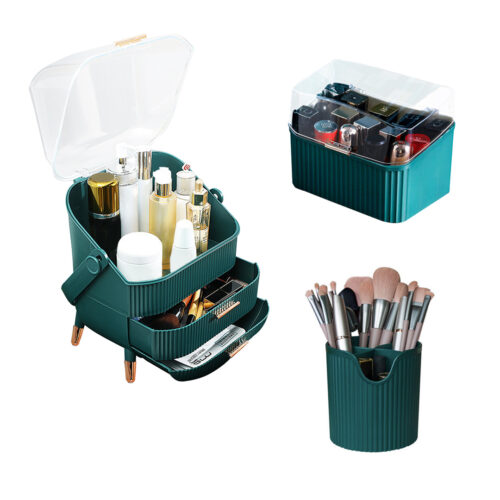 Green Cosmetic Jewelry Storage Organiser Set Makeup Brush Lipstick Holder Jewelry Storage Box with Handle
