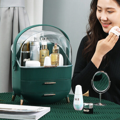Green Cosmetic Jewelry Storage Organiser Set Makeup Brush Lipstick Holder Jewelry Storage Box with Handle - Image 3