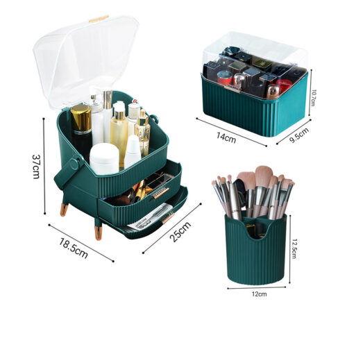 Green Cosmetic Jewelry Storage Organiser Set Makeup Brush Lipstick Holder Jewelry Storage Box with Handle - Image 5