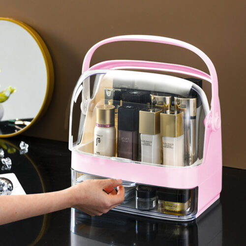2x 2 Tier Pink Countertop Makeup Cosmetic Storage Organiser Holder Jewelry Storage Box with Handle - Image 4