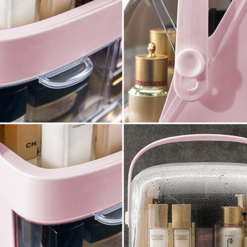 2x 2 Tier Pink Countertop Makeup Cosmetic Storage Organiser Holder Jewelry Storage Box with Handle - Image 5