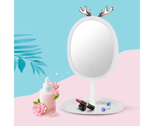 White Cosmetic Jewelry Storage Organiser with Antler LED Light Mirror Tabletop Vanity Set - Image 3