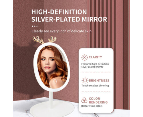 White Cosmetic Jewelry Storage Organiser with Antler LED Light Mirror Tabletop Vanity Set - Image 5