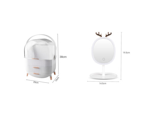 White Cosmetic Jewelry Storage Organiser with Antler LED Light Mirror Tabletop Vanity Set - Image 6