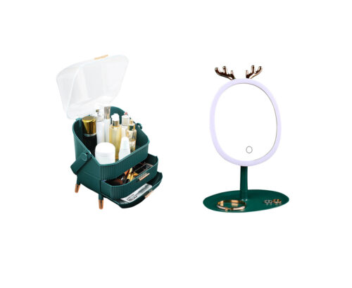 Green Cosmetic Jewelry Storage Organiser with Antler LED Light Mirror Tabletop Vanity Set