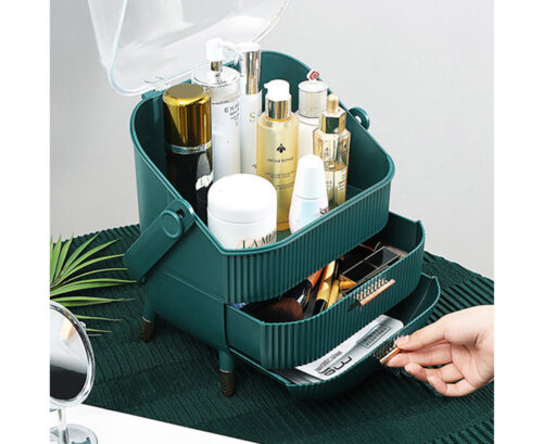 Green Cosmetic Jewelry Storage Organiser with Antler LED Light Mirror Tabletop Vanity Set - Image 2