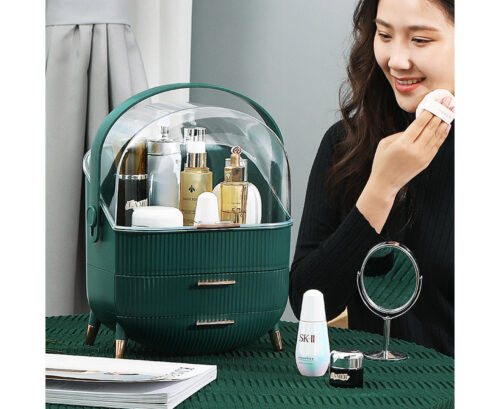 Green Cosmetic Jewelry Storage Organiser with Antler LED Light Mirror Tabletop Vanity Set - Image 4