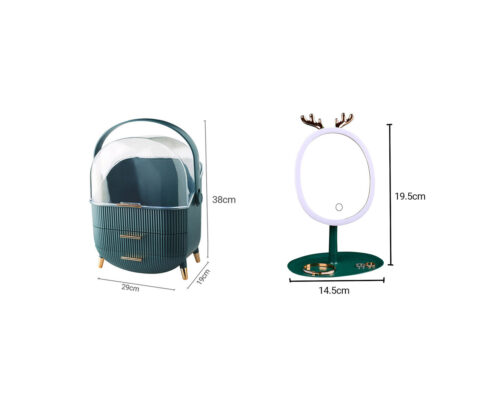 Green Cosmetic Jewelry Storage Organiser with Antler LED Light Mirror Tabletop Vanity Set - Image 5