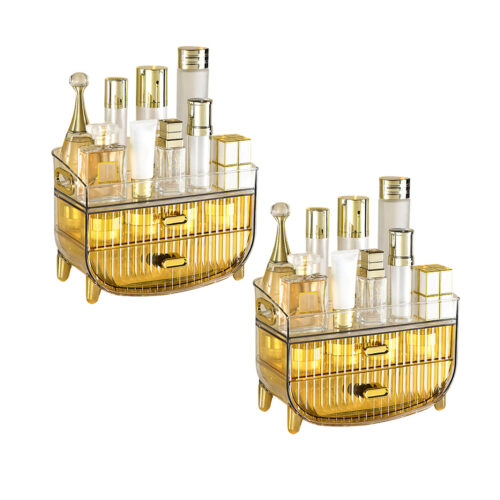 2x 3 Tier Golden Yellow Countertop Cosmetic Storage Makeup Holder Jewelry Cabinet Bathroom Desk Drawer Vanity Organiser