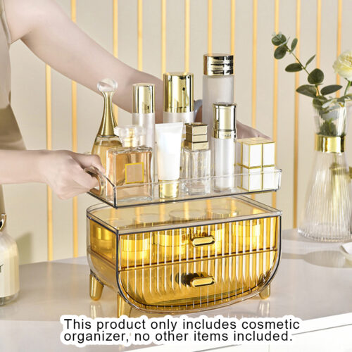 2x 3 Tier Golden Yellow Countertop Cosmetic Storage Makeup Holder Jewelry Cabinet Bathroom Desk Drawer Vanity Organiser - Image 2