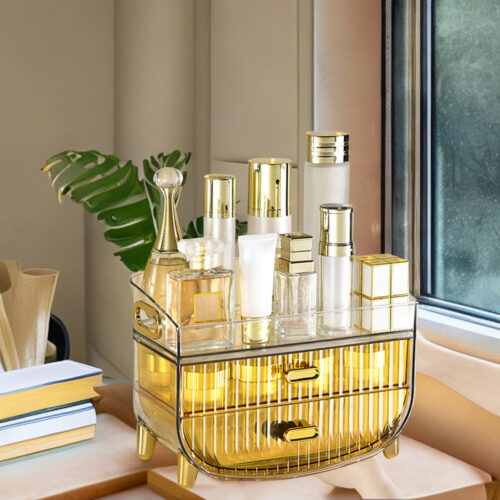 2x 3 Tier Golden Yellow Countertop Cosmetic Storage Makeup Holder Jewelry Cabinet Bathroom Desk Drawer Vanity Organiser - Image 3