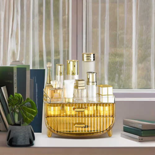 2x 3 Tier Golden Yellow Countertop Cosmetic Storage Makeup Holder Jewelry Cabinet Bathroom Desk Drawer Vanity Organiser - Image 5