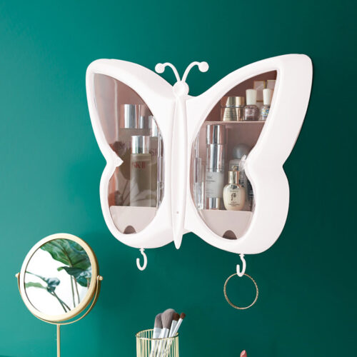 2x White Butterfly Shape Wall-Mounted Makeup Organiser Dustproof Waterproof Bathroom Storage Box - Image 2