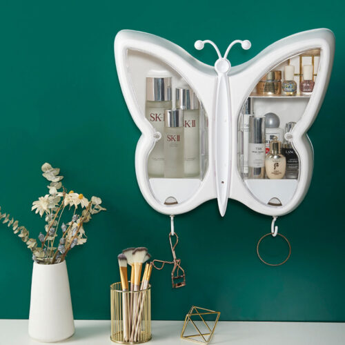 2x White Butterfly Shape Wall-Mounted Makeup Organiser Dustproof Waterproof Bathroom Storage Box - Image 4