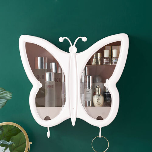 2x White Butterfly Shape Wall-Mounted Makeup Organiser Dustproof Waterproof Bathroom Storage Box - Image 5
