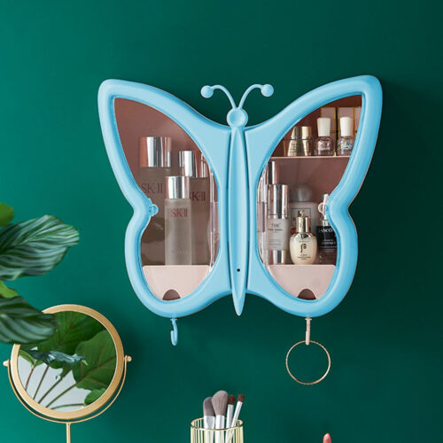 2x Blue Butterfly Shape Wall-Mounted Makeup Organiser Dustproof Waterproof Bathroom Storage Box - Image 3