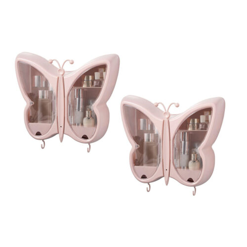 2x Pink Butterfly Shape Wall-Mounted Makeup Organiser Dustproof Waterproof Bathroom Storage Box