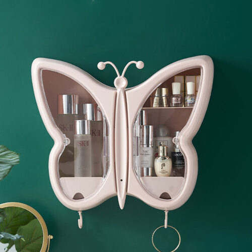 2x Pink Butterfly Shape Wall-Mounted Makeup Organiser Dustproof Waterproof Bathroom Storage Box - Image 5