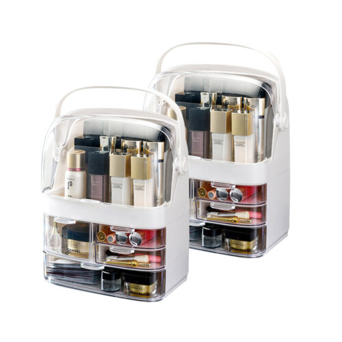 2x 3 Tier White Countertop Makeup Cosmetic Storage Organiser Holder Jewelry Storage Box with Handle