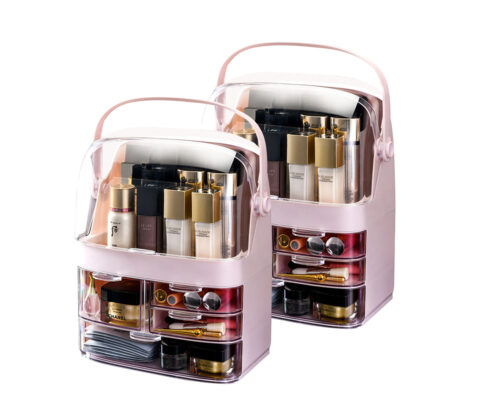 2x 3 Tier Pink Countertop Makeup Cosmetic Storage Organiser Holder Jewelry Storage Box with Handle