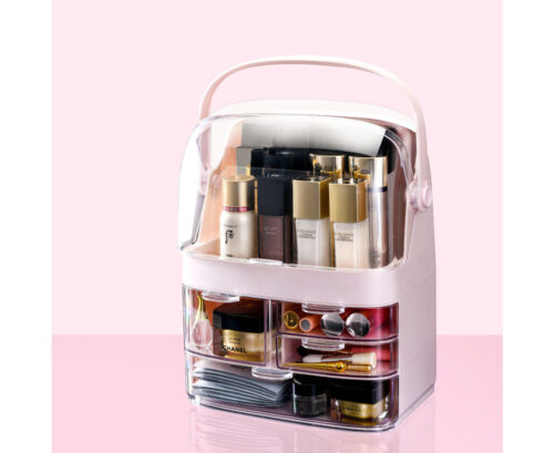 2x 3 Tier Pink Countertop Makeup Cosmetic Storage Organiser Holder Jewelry Storage Box with Handle - Image 4