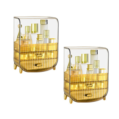 2x 3 Tier Golden Yellow Countertop Cosmetic Storage Makeup Perfume Display Stand Shelf Drawer Organiser