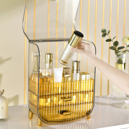 2x 3 Tier Golden Yellow Countertop Cosmetic Storage Makeup Perfume Display Stand Shelf Drawer Organiser - Image 3