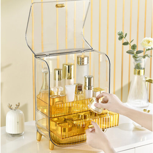 2x 3 Tier Golden Yellow Countertop Cosmetic Storage Makeup Perfume Display Stand Shelf Drawer Organiser - Image 4
