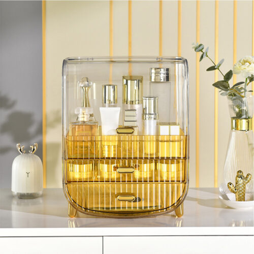 2x 3 Tier Golden Yellow Countertop Cosmetic Storage Makeup Perfume Display Stand Shelf Drawer Organiser - Image 5