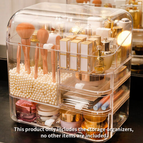 2x Transparent Cosmetic Storage Box Clear Makeup Holder with Lid Drawers Waterproof Dustproof Organiser with Pearls - Image 2